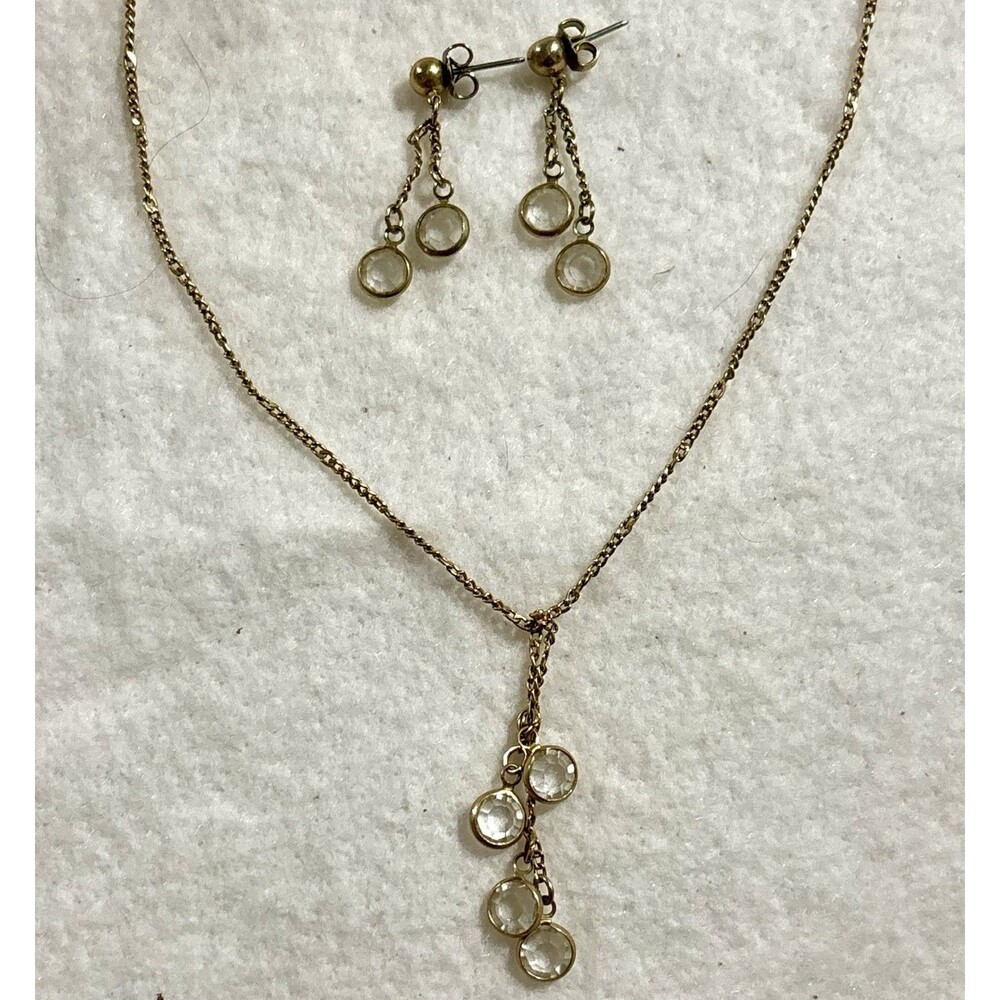 Vintage Avon Clear Crystal Bezel Y Drop Necklace Earrings Set Gold Tone Signed